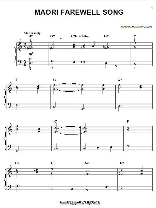 Traditional Hawaiian Folk Song Maori Farewell Song sheet music notes and chords arranged for Easy Piano