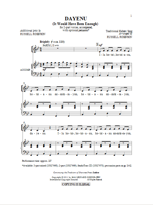 Traditional Hebrew Melody Dayeinu (arr. Russell Robinson) sheet music notes and chords arranged for 3-Part Mixed Choir