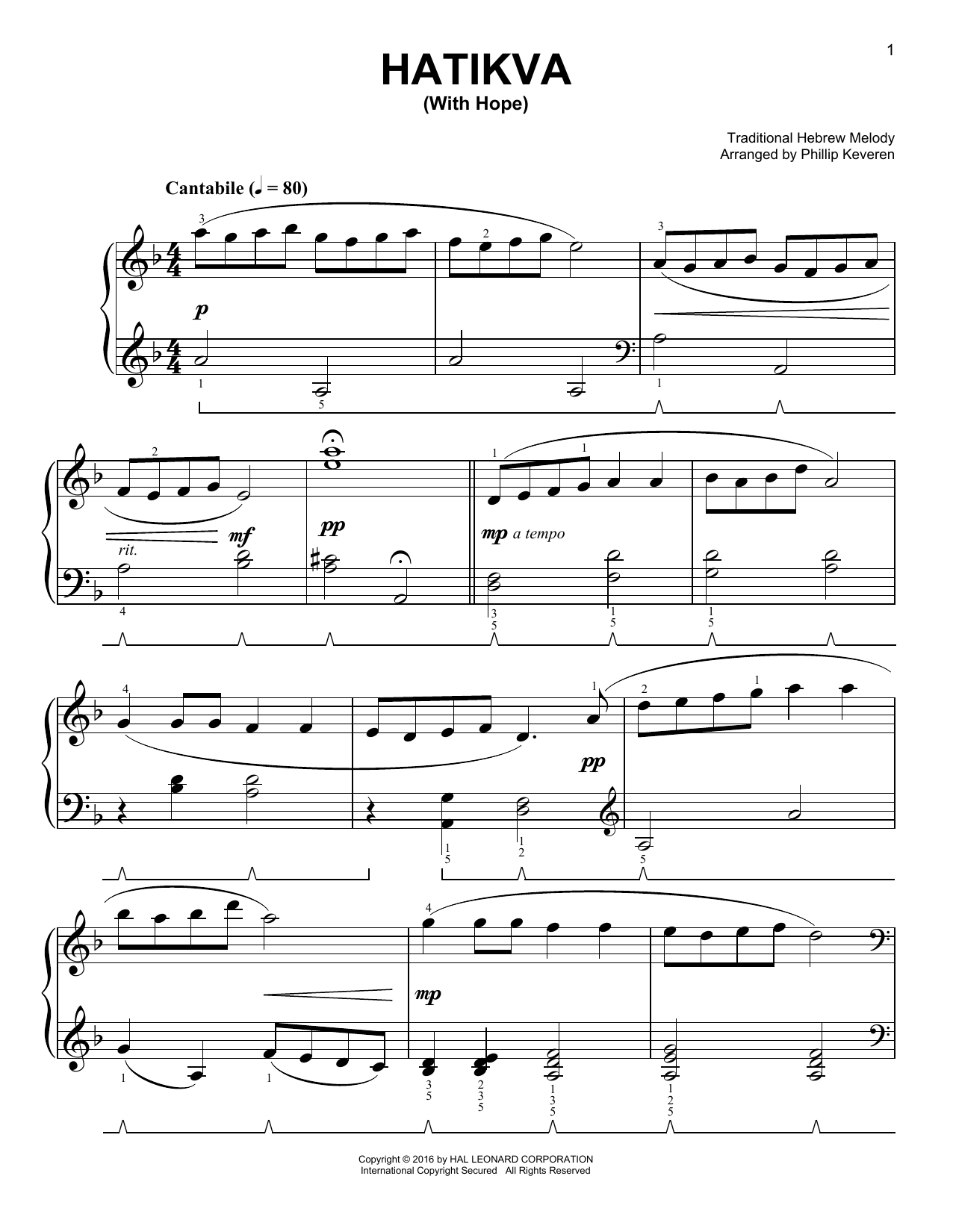 Traditional Hebrew Melody Hatikvah (With Hope) [Classical version] (arr. Phillip Keveren) sheet music notes and chords arranged for Easy Piano