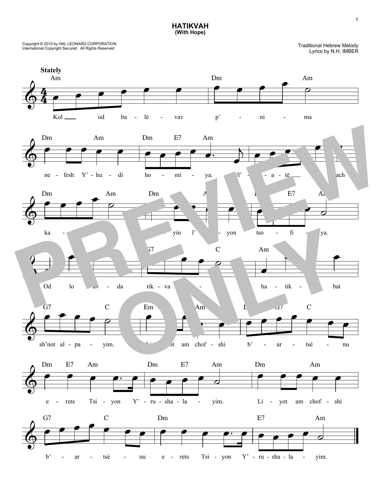 Traditional Hebrew Melody Hatikvah (With Hope) sheet music notes and chords arranged for Lead Sheet / Fake Book