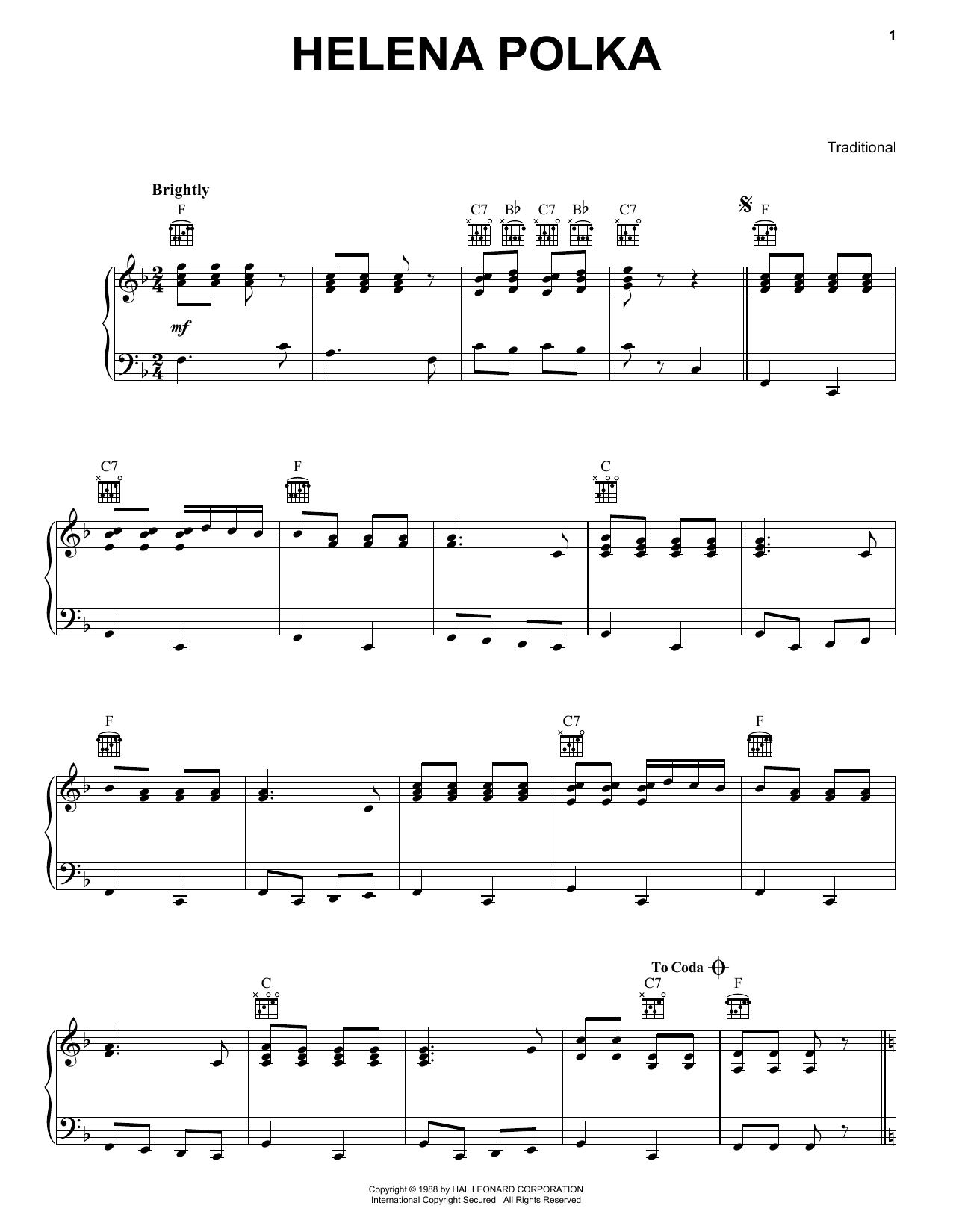 Traditional Helena Polka sheet music notes and chords arranged for Piano Solo