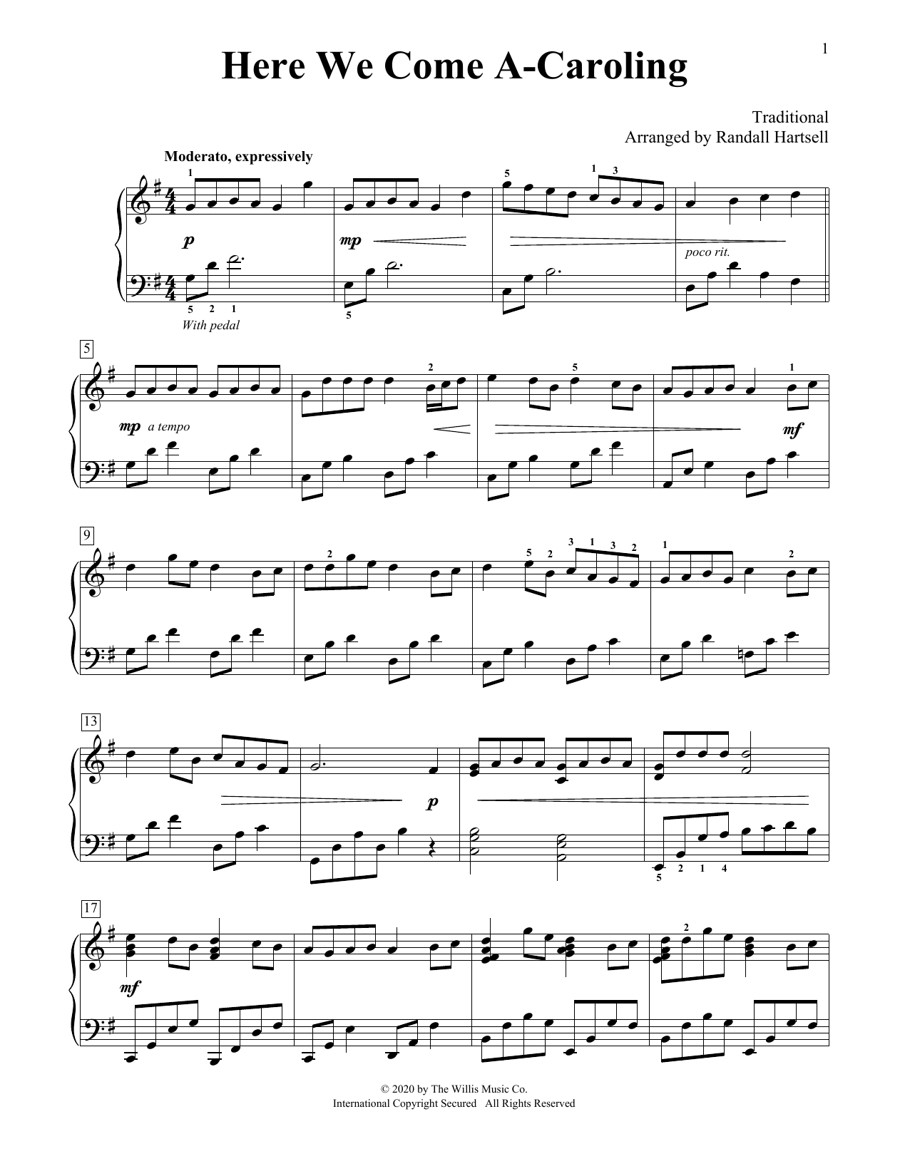 Traditional Here We Come A-Caroling (arr. Randall Hartsell) sheet music notes and chords arranged for Educational Piano