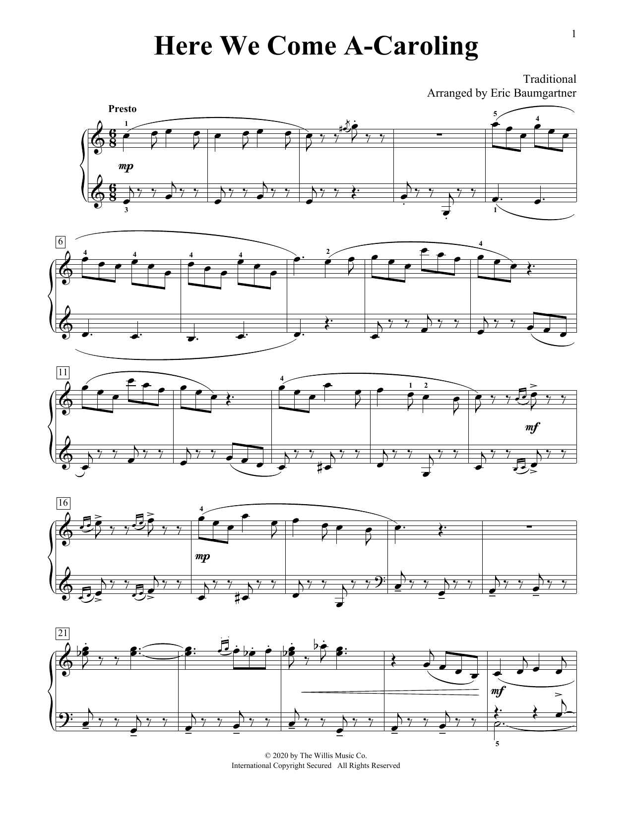 Traditional Here We Come A-Caroling [Jazz version] (arr. Eric Baumgartner) sheet music notes and chords arranged for Educational Piano