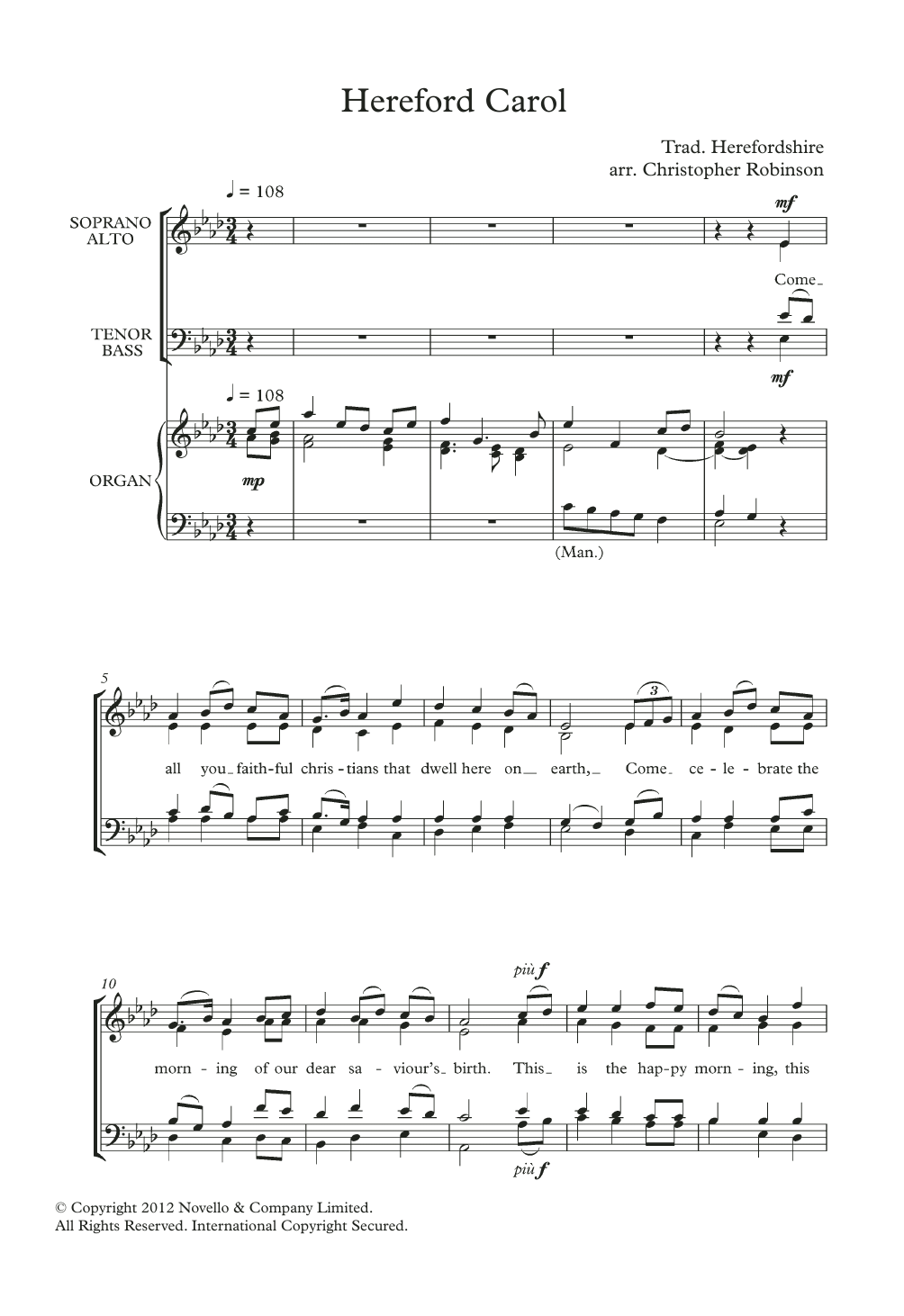 Traditional Hereford Carol (arr. Christopher Robinson) sheet music notes and chords arranged for SATB Choir