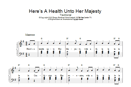 Traditional Here's A Health Unto Her Majesty sheet music notes and chords arranged for Piano, Vocal & Guitar Chords