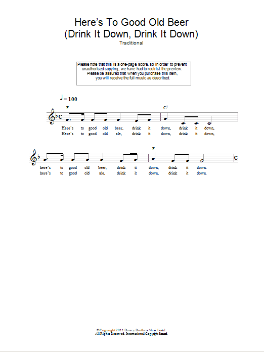 Traditional Here's To Good Old Beer (Drink It Down, Drink It Down) sheet music notes and chords arranged for Lead Sheet / Fake Book