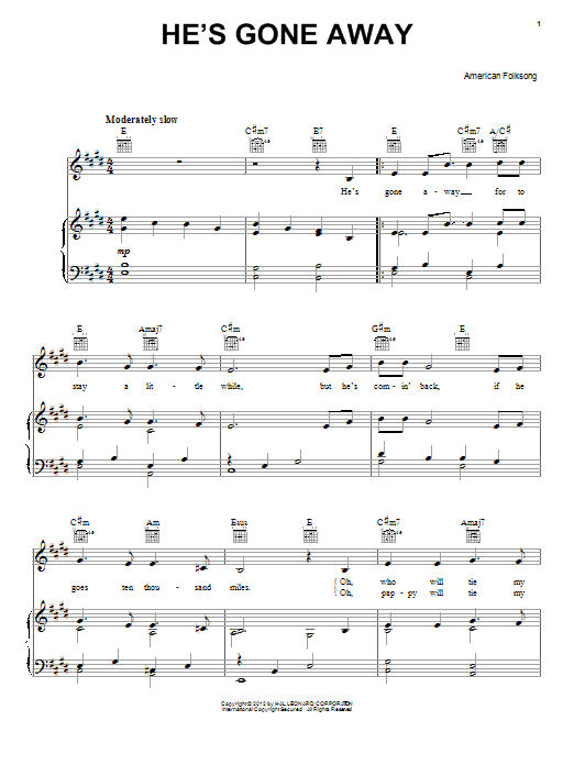 Traditional He's Gone Away sheet music notes and chords arranged for Piano, Vocal & Guitar Chords (Right-Hand Melody)