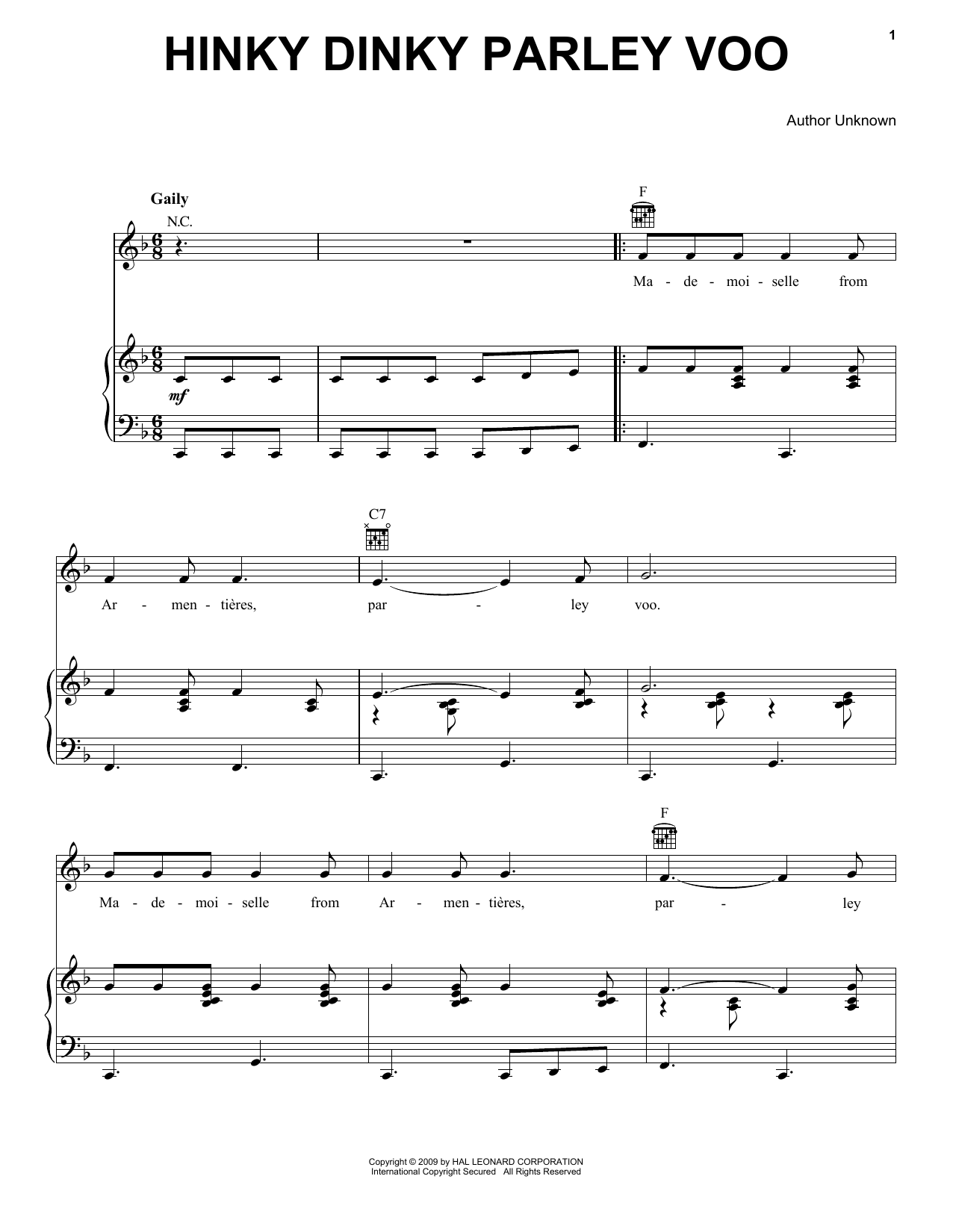 Traditional Hinky Dinky Parley Voo sheet music notes and chords arranged for Piano, Vocal & Guitar Chords (Right-Hand Melody)