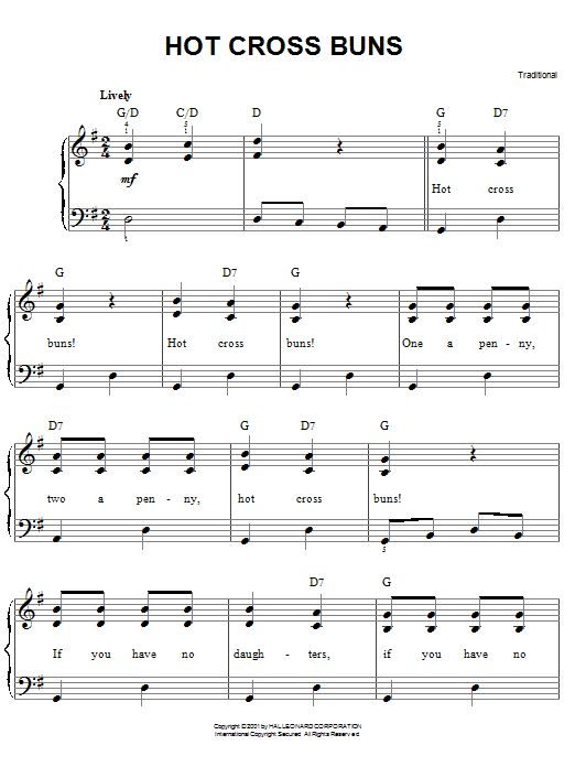 Traditional Hot Cross Buns sheet music notes and chords arranged for Easy Piano