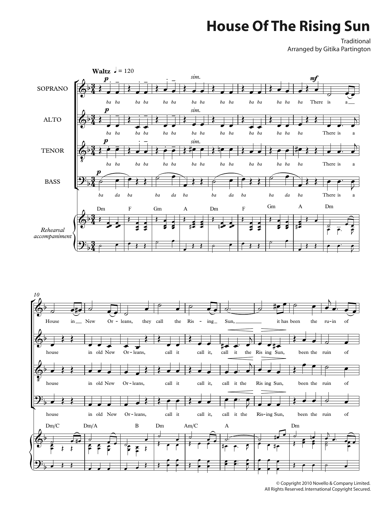 Traditional House Of The Rising Sun (arr. Gitika Partington) sheet music notes and chords arranged for SATB Choir