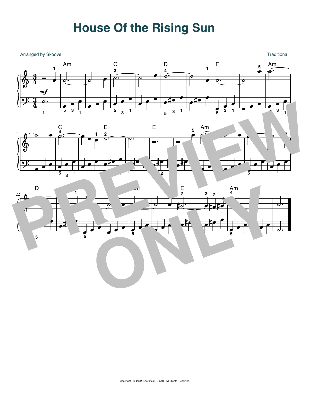 Traditional House of the Rising Sun (arr. Skoove) sheet music notes and chords arranged for Easy Piano