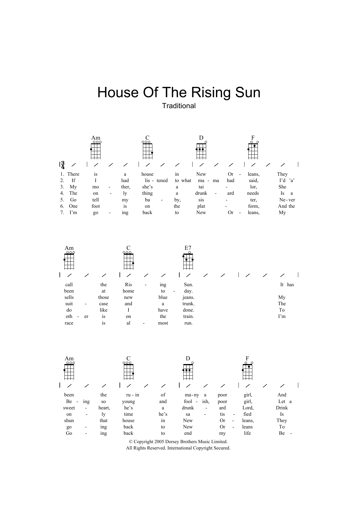 Traditional House Of The Rising Sun sheet music notes and chords arranged for Ukulele Chords/Lyrics