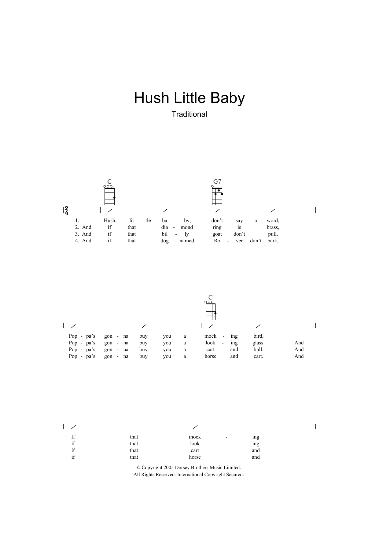 Traditional Hush Little Baby sheet music notes and chords arranged for Ukulele Chords/Lyrics