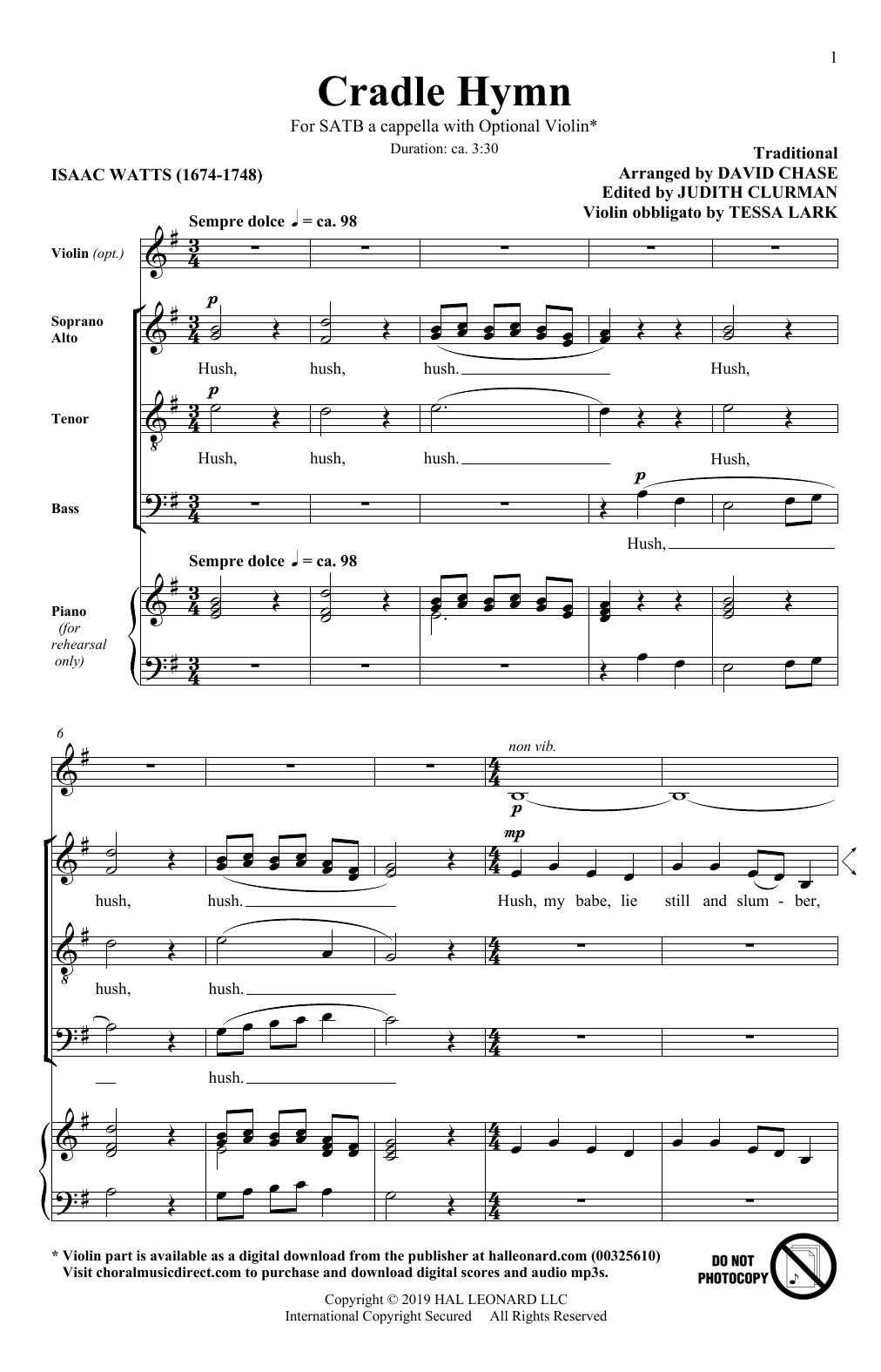 Traditional Hymn Cradle Hymn (arr. David Chase) sheet music notes and chords arranged for SATB Choir