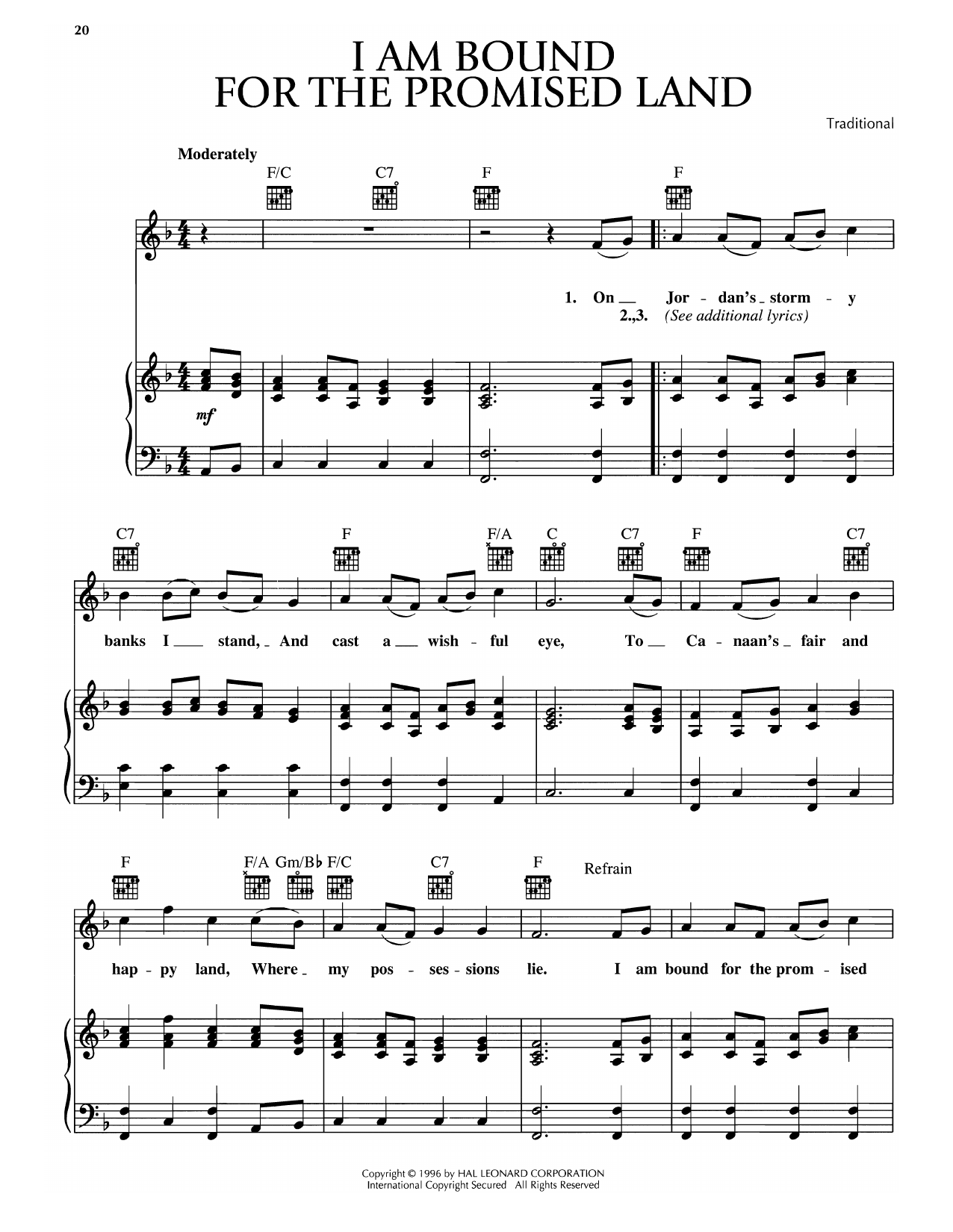 Traditional I Am Bound For The Promised Land sheet music notes and chords arranged for Piano, Vocal & Guitar Chords (Right-Hand Melody)