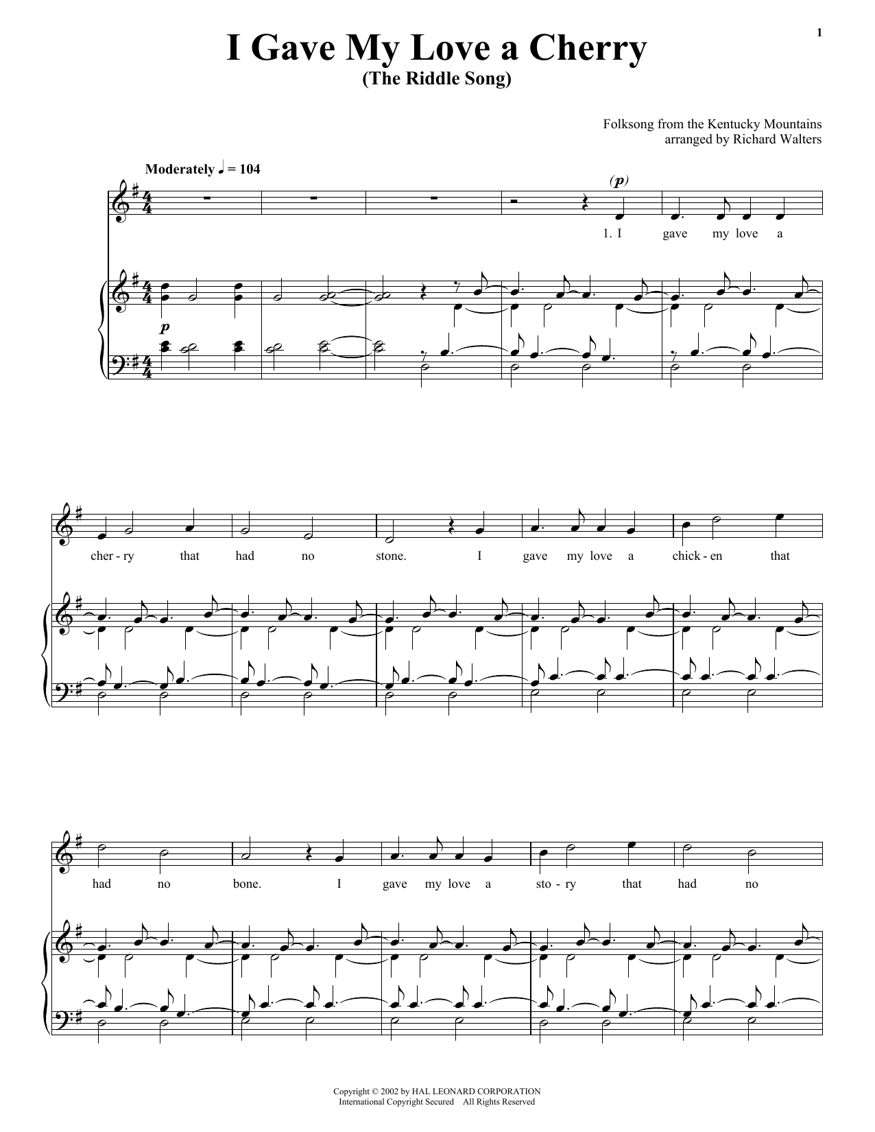 Traditional I Gave My Love A Cherry (The Riddle Song) sheet music notes and chords arranged for Super Easy Piano