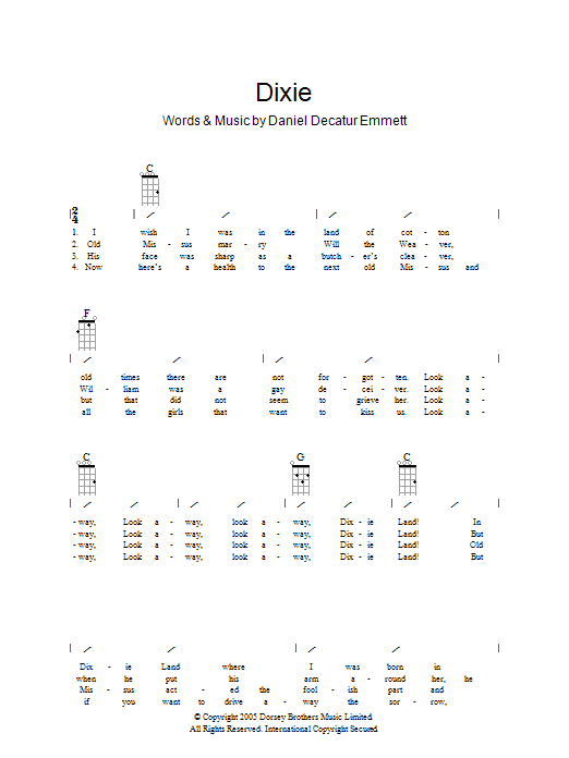 Traditional (I Wish I Was In) Dixie sheet music notes and chords arranged for Guitar Chords/Lyrics