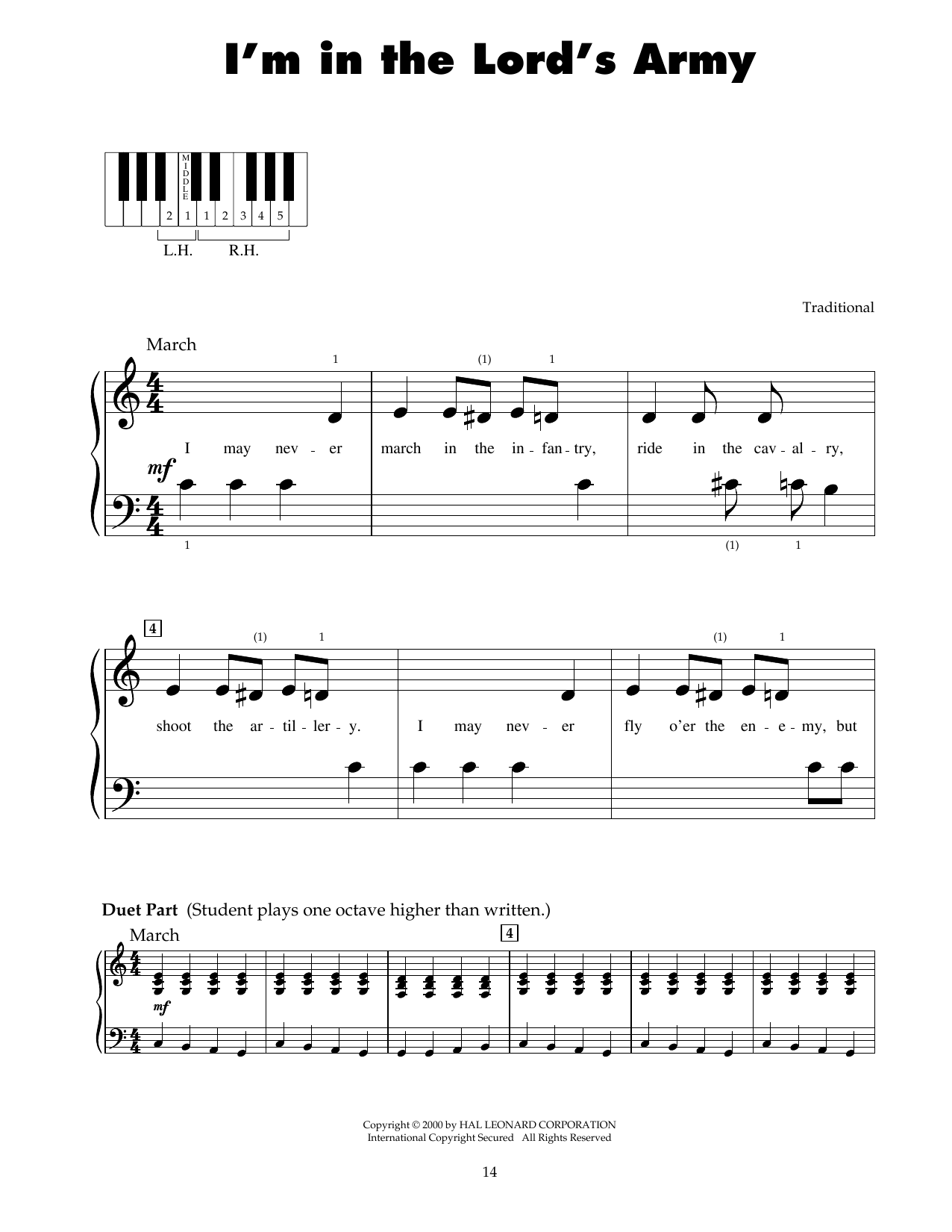 Traditional I'm In The Lord's Army sheet music notes and chords arranged for 5-Finger Piano