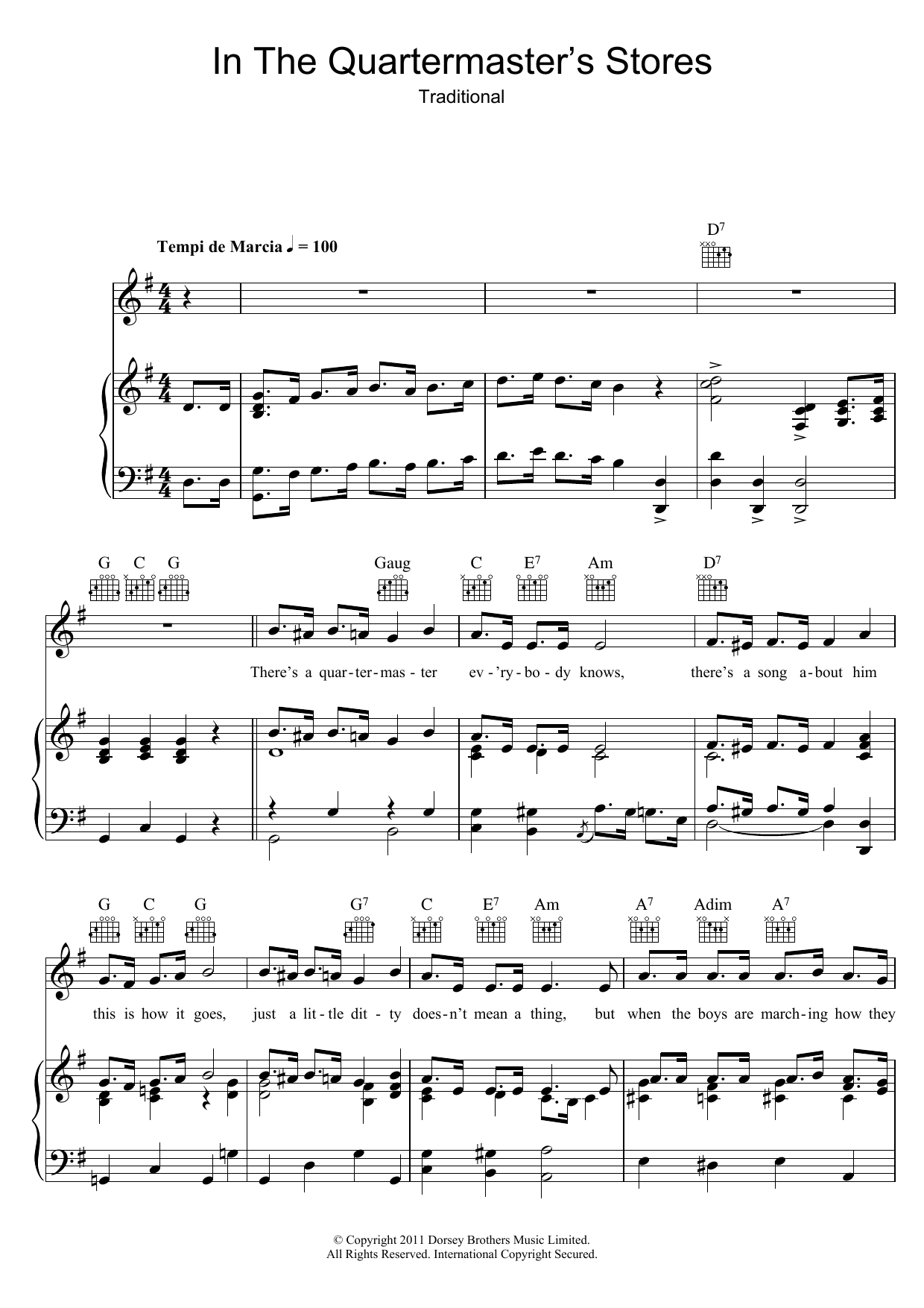 Traditional In The Quartermaster's Store sheet music notes and chords arranged for Piano, Vocal & Guitar Chords