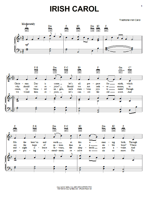 Traditional Irish Carol sheet music notes and chords arranged for Piano, Vocal & Guitar Chords (Right-Hand Melody)