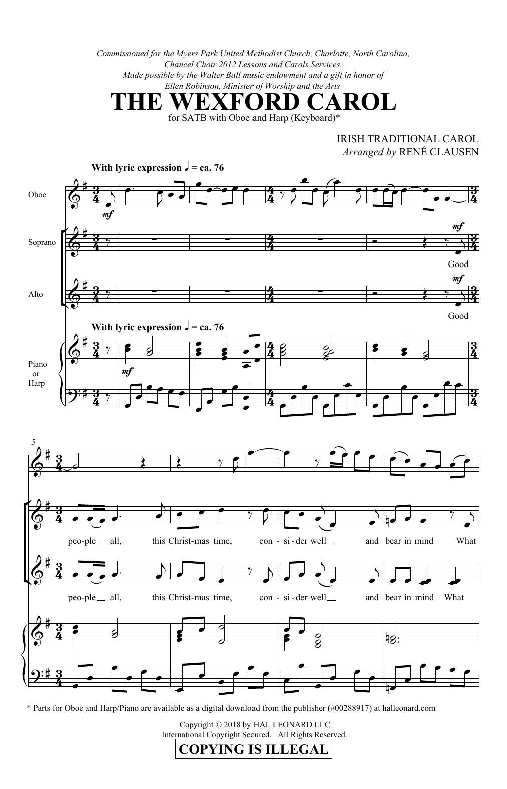 Traditional Irish Carol The Wexford Carol (arr. Rene Clausen) sheet music notes and chords arranged for SATB Choir