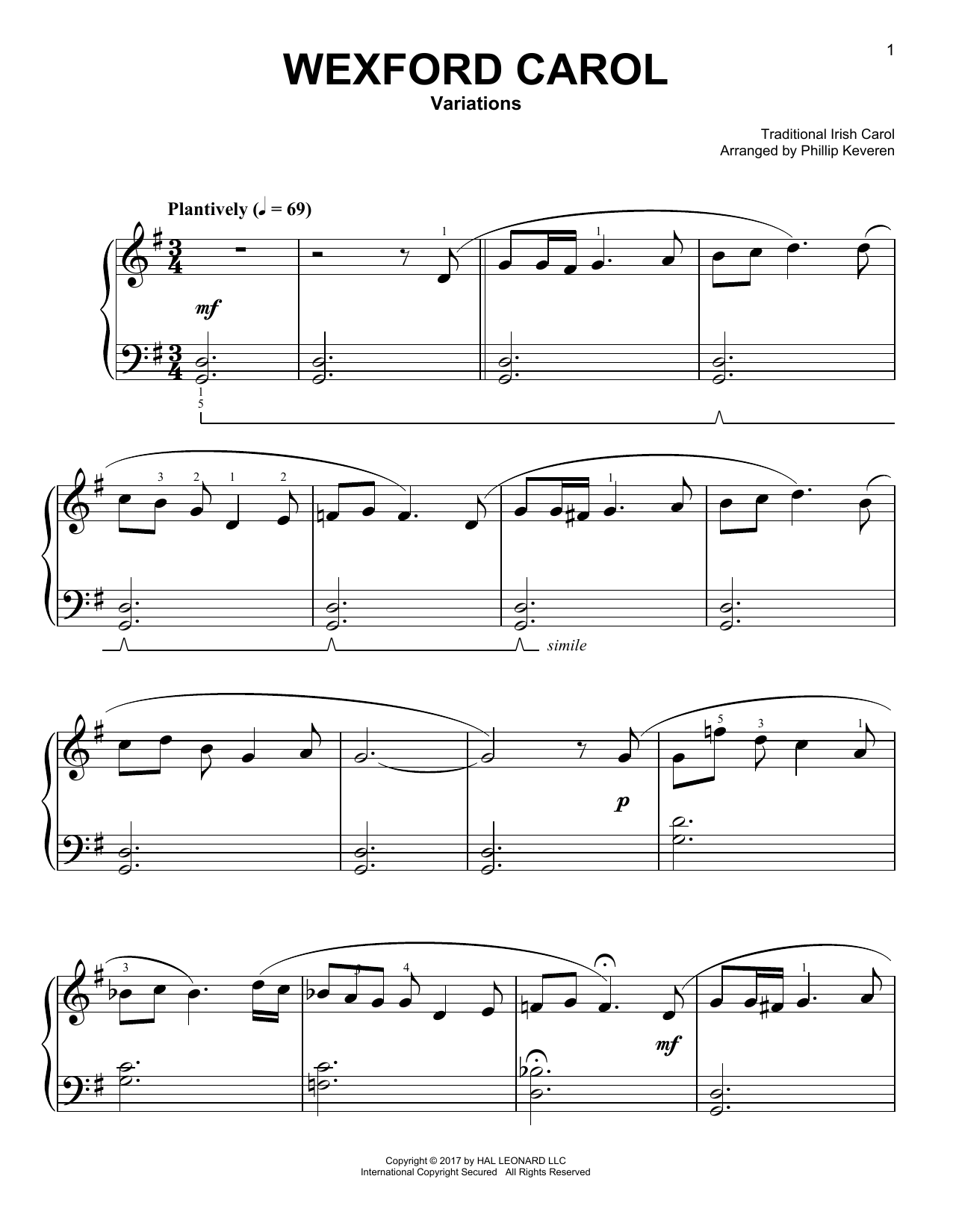 Traditional Irish Carol Wexford Carol [Classical version] (arr. Phillip Keveren) sheet music notes and chords arranged for Easy Piano