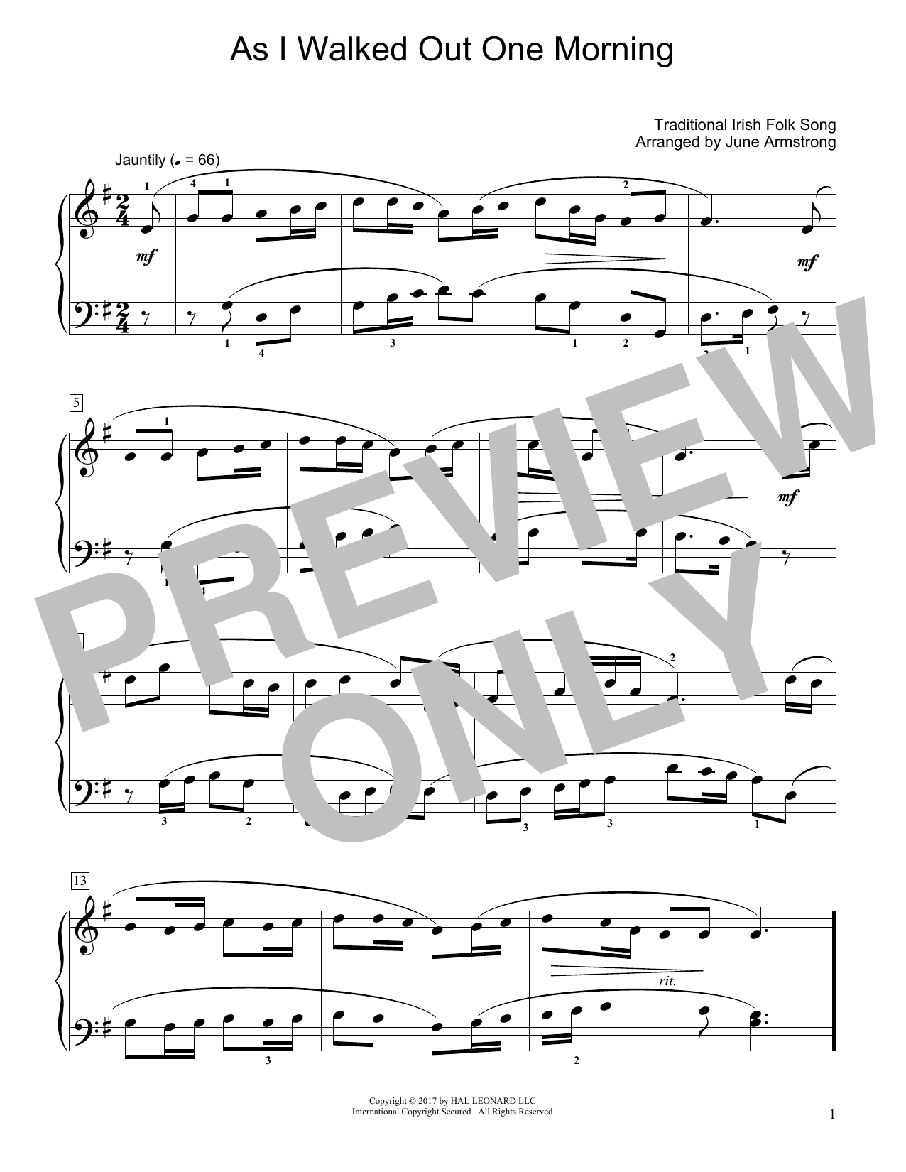 Traditional Irish Folk Song As I Walked Out One Morning (arr. June Armstrong) sheet music notes and chords arranged for Educational Piano