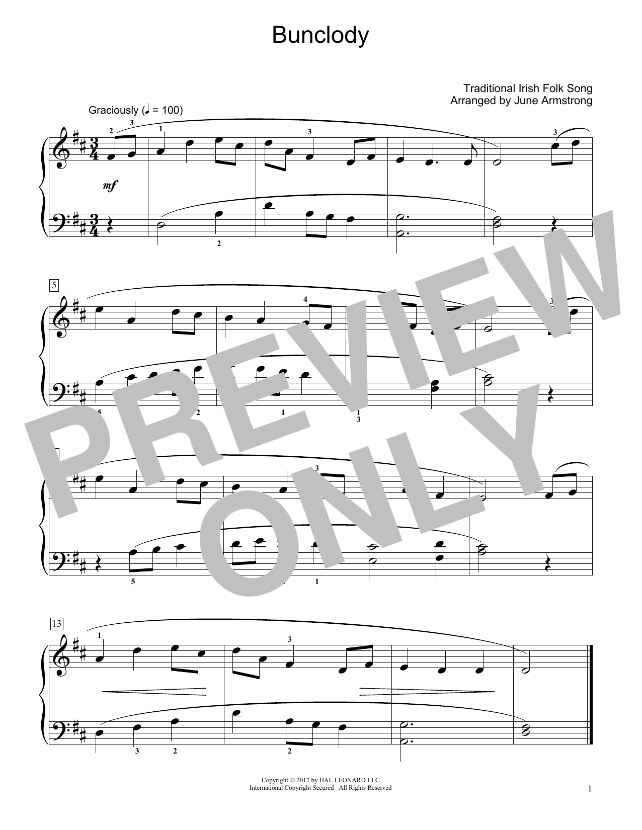 Traditional Irish Folk Song Bunclody (arr. June Armstrong) sheet music notes and chords arranged for Educational Piano