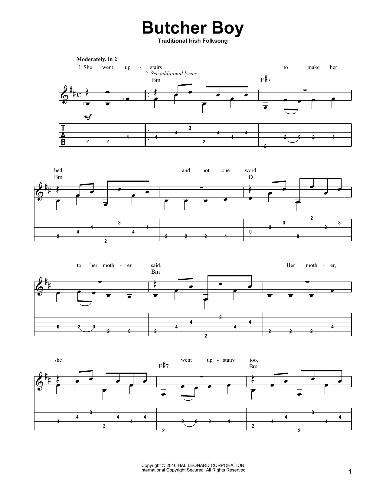 Traditional Irish Folk Song Butcher Boy sheet music notes and chords arranged for Solo Guitar