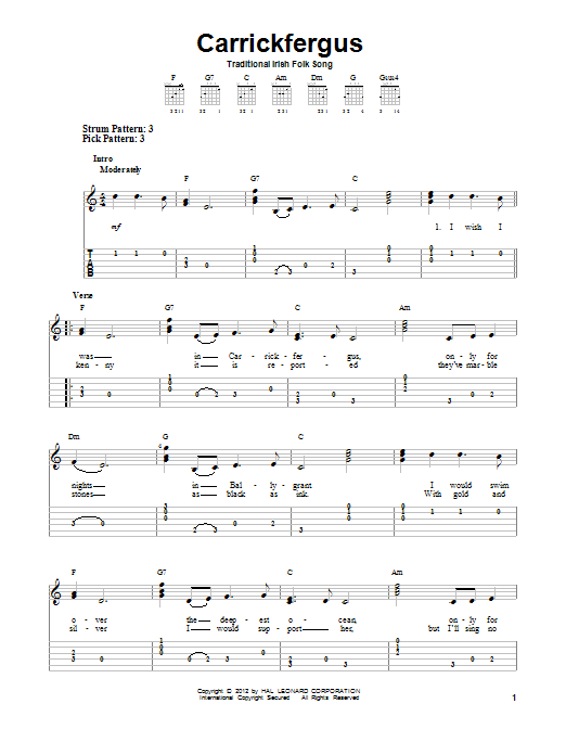 Traditional Irish Folk Song Carrickfergus sheet music notes and chords arranged for Easy Guitar Tab