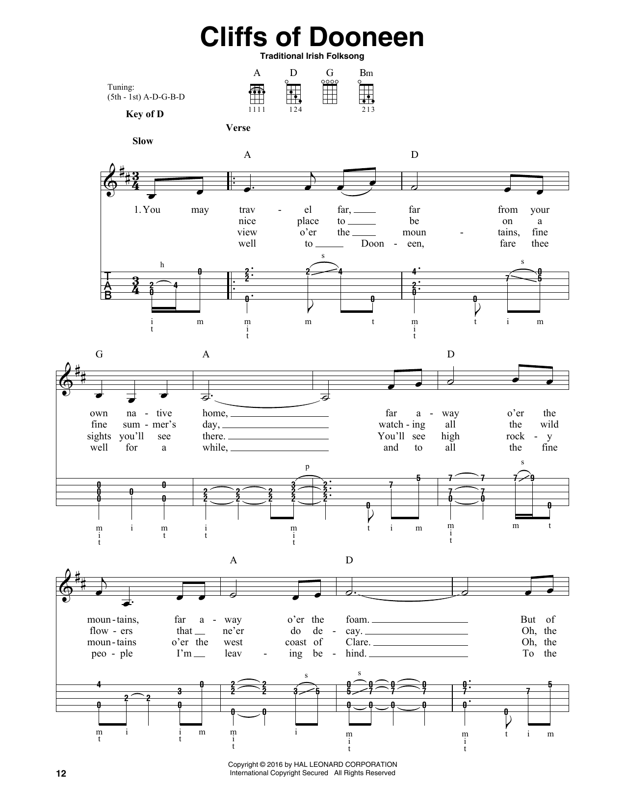 Traditional Irish Folk Song Cliffs Of Doneen sheet music notes and chords arranged for Banjo Tab