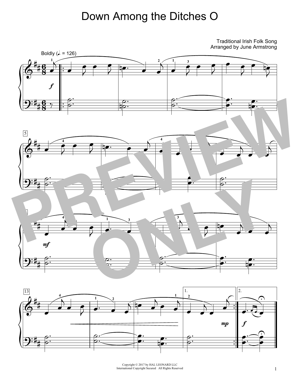 Traditional Irish Folk Song Down Among The Ditches O (arr. June Armstrong) sheet music notes and chords arranged for Educational Piano