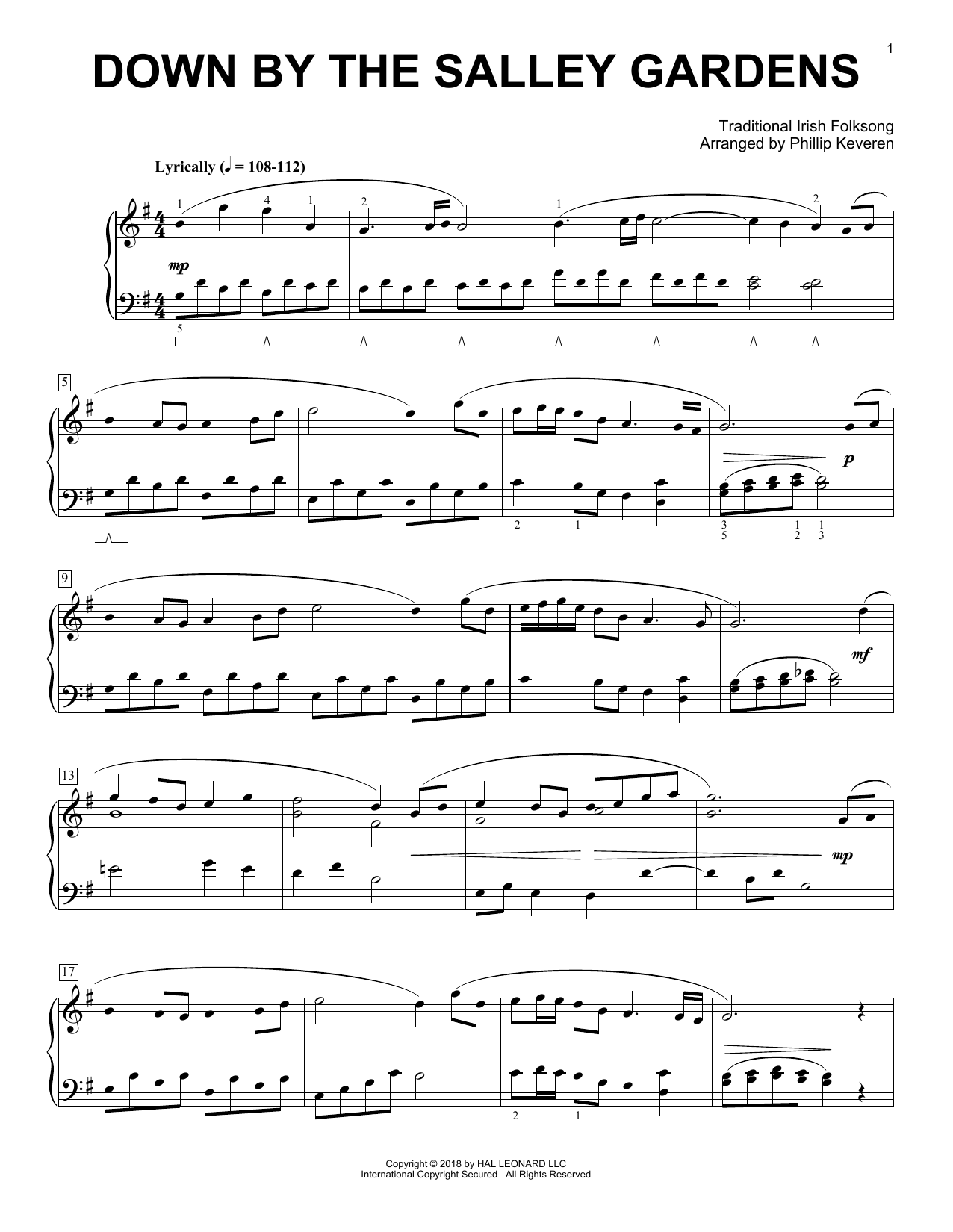 Traditional Irish Folk Song Down By The Salley Gardens [Classical version] (arr. Phillip Keveren) sheet music notes and chords arranged for Piano Solo