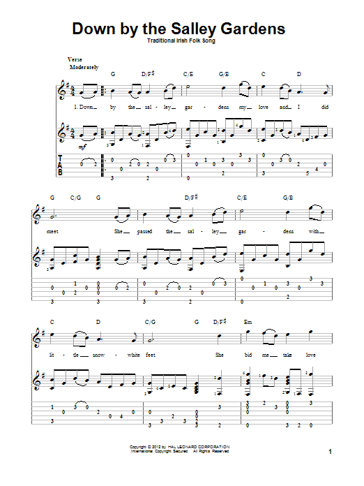 Traditional Irish Folk Song Down By The Sally Gardens sheet music notes and chords arranged for Solo Guitar