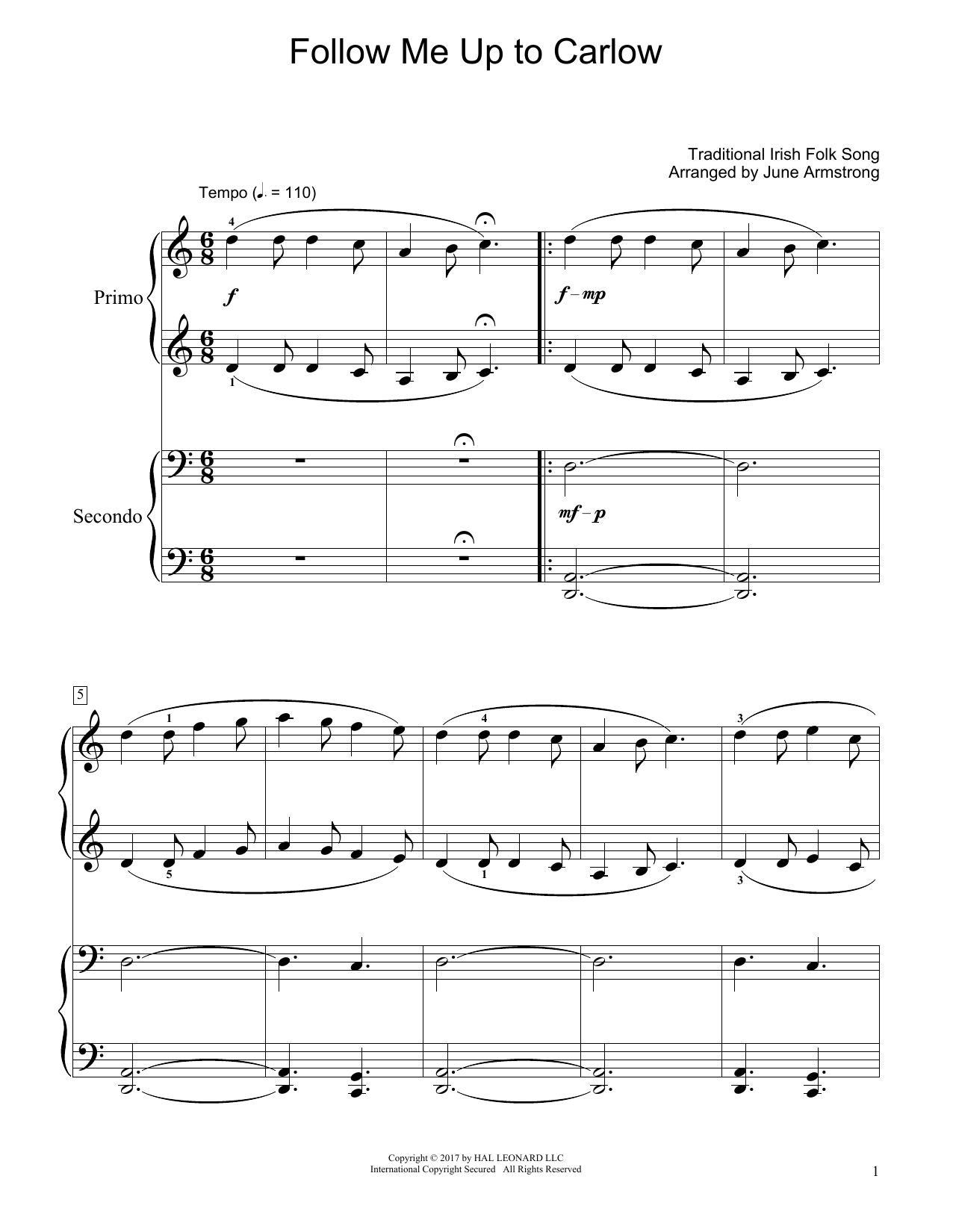 Traditional Irish Folk Song Follow Me Up To Carlow (arr. June Armstrong) sheet music notes and chords arranged for Piano Duet
