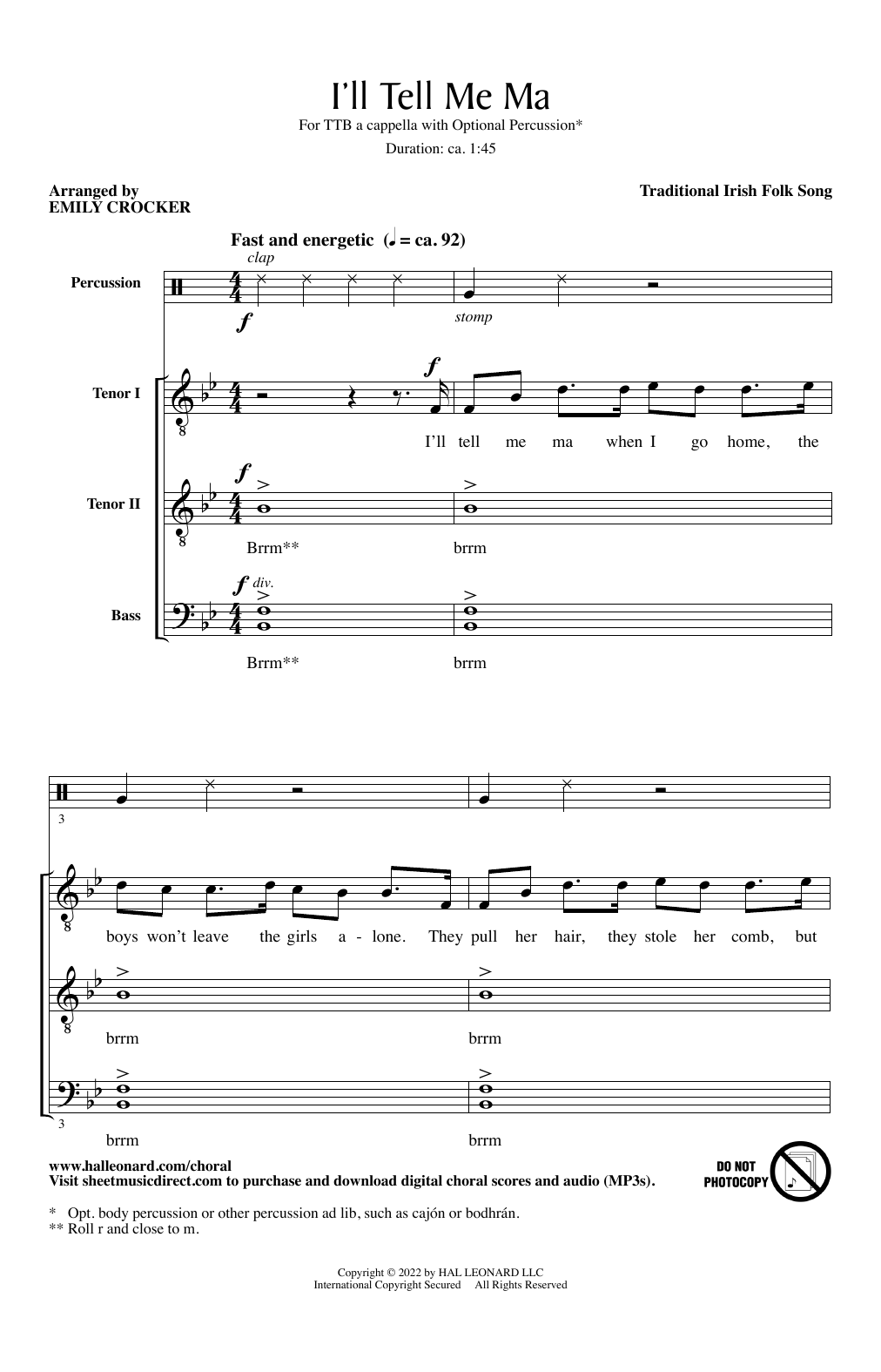 Traditional Irish Folk Song I'll Tell Me Ma (arr. Emily Crocker) sheet music notes and chords arranged for TTB Choir