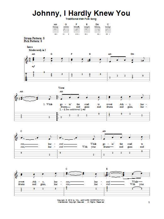 Traditional Irish Folk Song Johnny, I Hardly Knew You sheet music notes and chords arranged for Banjo Tab