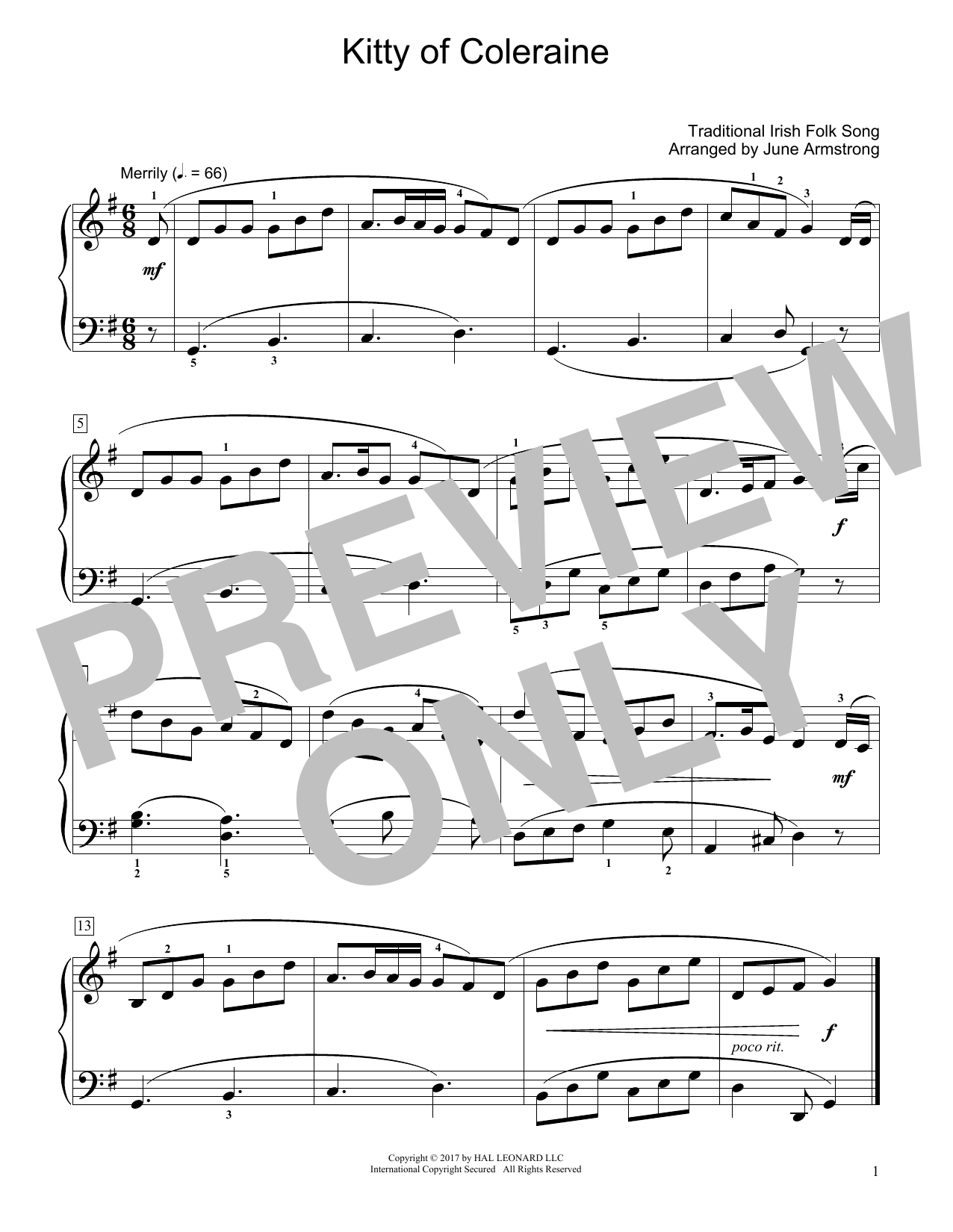 Traditional Irish Folk Song Kitty Of Coleraine (arr. June Armstrong) sheet music notes and chords arranged for Educational Piano