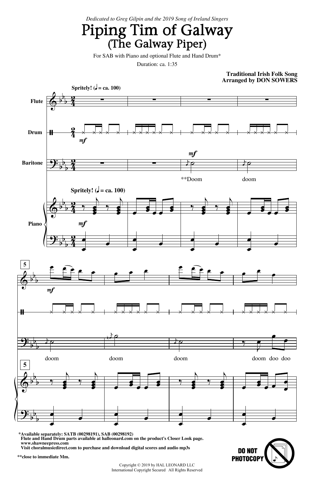 Traditional Irish Folk Song Piping Tim Of Galway (The Galway Piper) (arr. Don Sowers) sheet music notes and chords arranged for SAB Choir