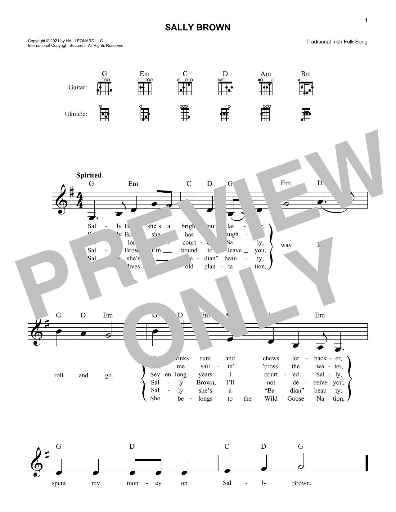 Traditional Irish Folk Song Sally Brown sheet music notes and chords arranged for Lead Sheet / Fake Book