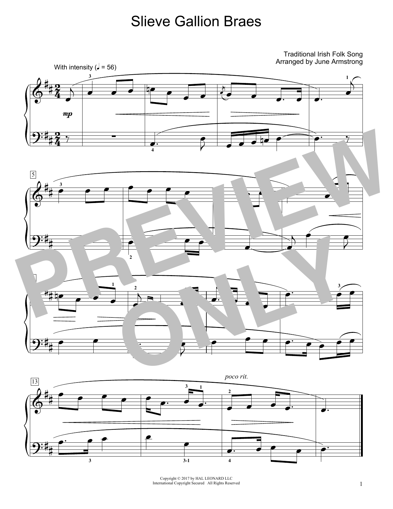 Traditional Irish Folk Song Slieve Gallion Braes (arr. June Armstrong) sheet music notes and chords arranged for Educational Piano