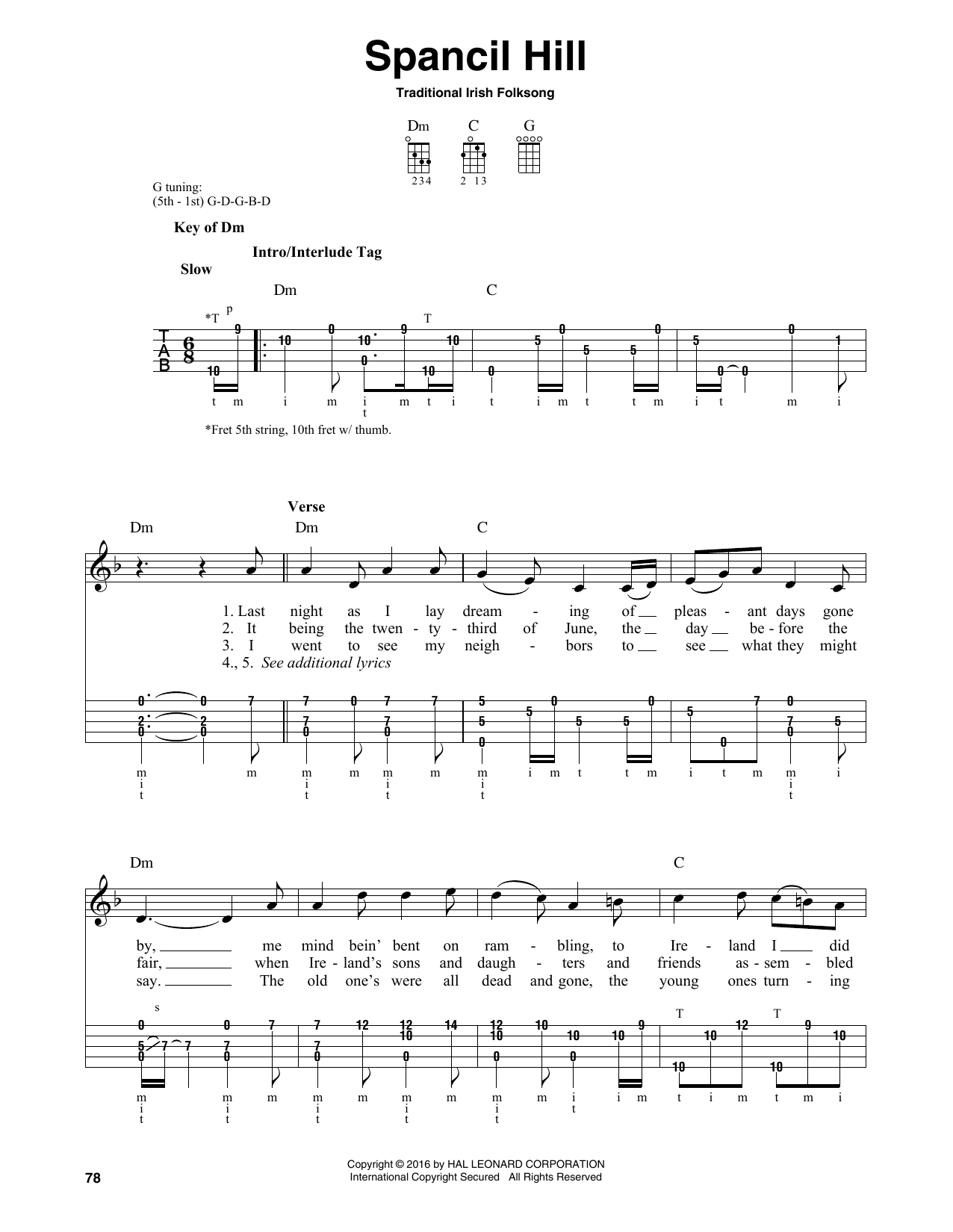 Traditional Irish Folk Song Spancil Hill sheet music notes and chords arranged for Banjo Tab