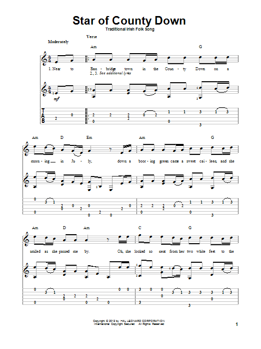 Traditional Irish Folk Song Star Of County Down sheet music notes and chords arranged for Solo Guitar