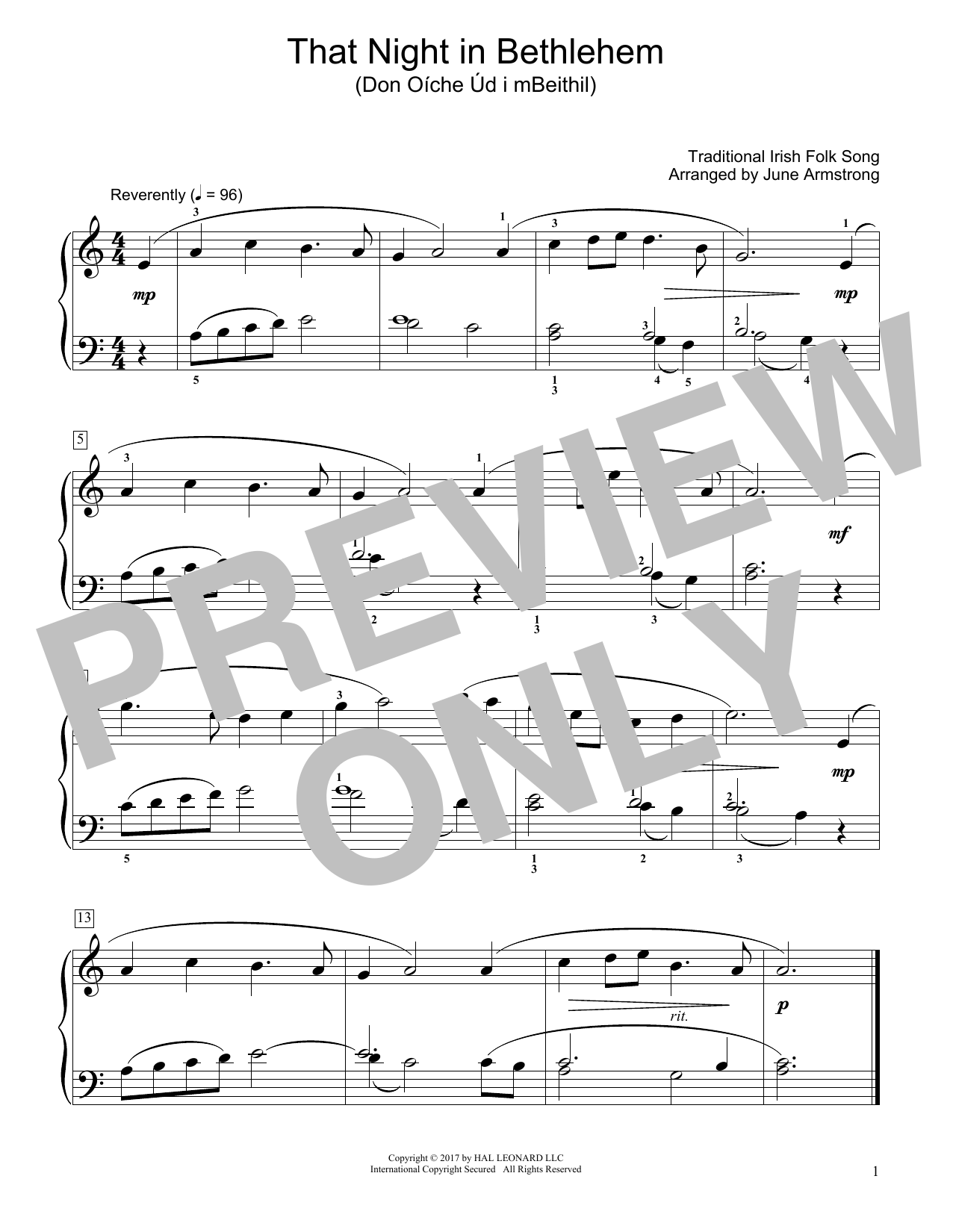 Traditional Irish Folk Song That Night In Bethlehem (Don Oíche Úd I Mbeithil) (arr. June Armstrong) sheet music notes and chords arranged for Educational Piano