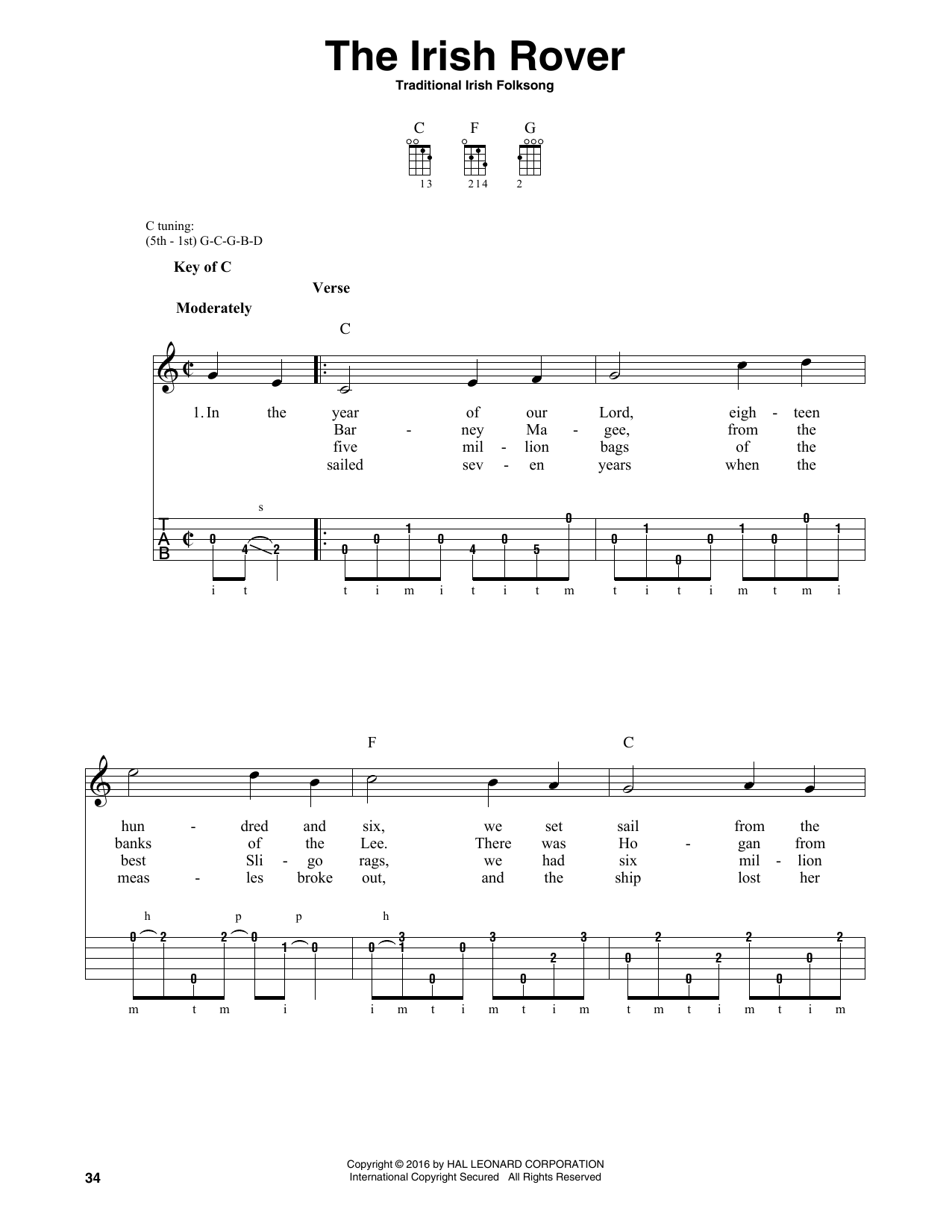 Traditional Irish Folk Song The Irish Rover sheet music notes and chords arranged for Ukulele