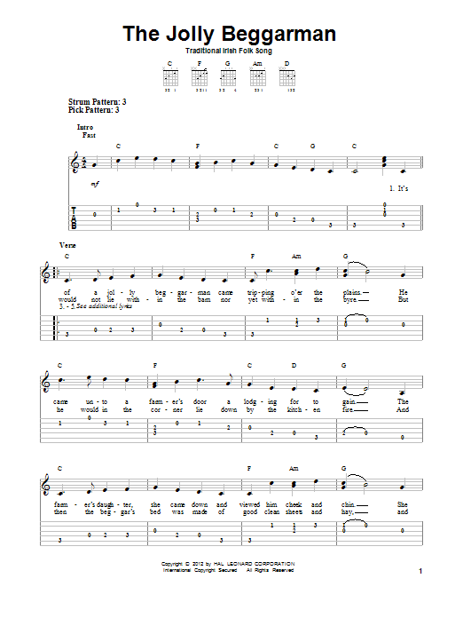 Traditional Irish Folk Song The Jolly Beggarman sheet music notes and chords arranged for Easy Guitar Tab