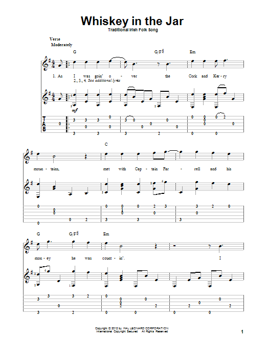 Traditional Irish Folk Song Whiskey In The Jar sheet music notes and chords arranged for Banjo Tab