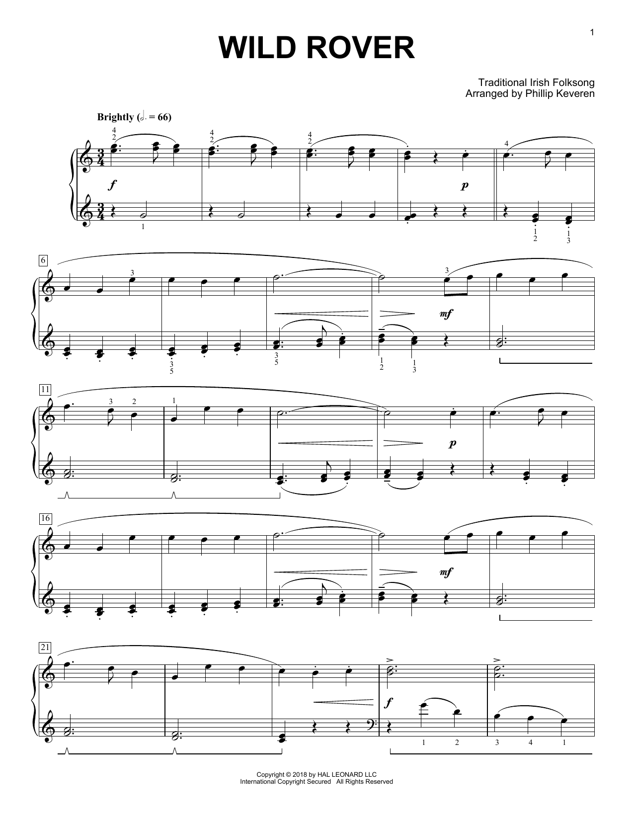 Traditional Irish Folk Song Wild Rover [Classical version] (arr. Phillip Keveren) sheet music notes and chords arranged for Piano Solo
