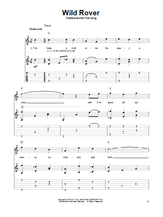 Traditional Irish Folk Song Wild Rover sheet music notes and chords arranged for Solo Guitar