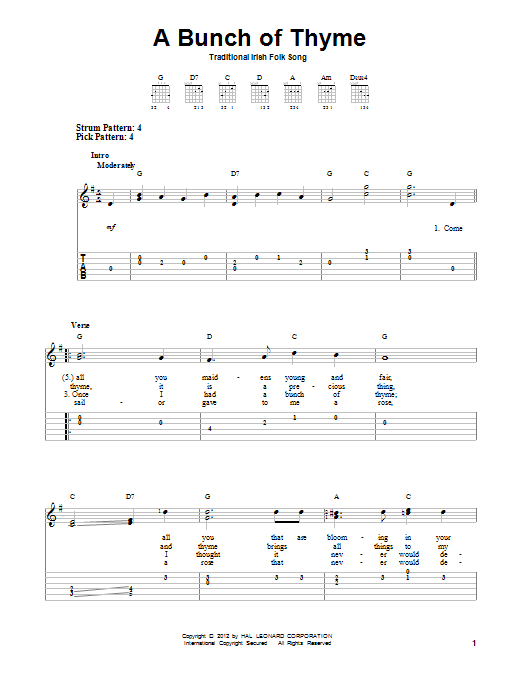 Traditional Irish Folksong A Bunch Of Thyme sheet music notes and chords arranged for Easy Guitar Tab